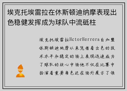 埃克托埃雷拉在休斯顿迪纳摩表现出色稳健发挥成为球队中流砥柱