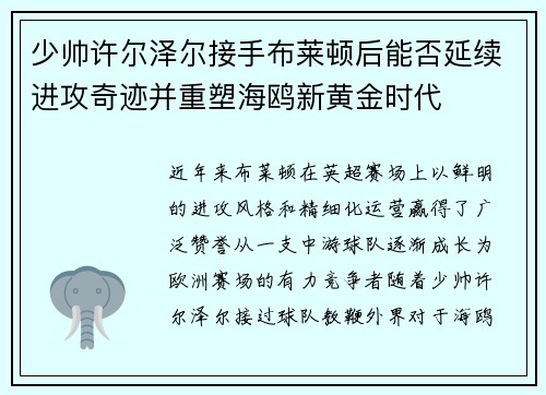 少帅许尔泽尔接手布莱顿后能否延续进攻奇迹并重塑海鸥新黄金时代